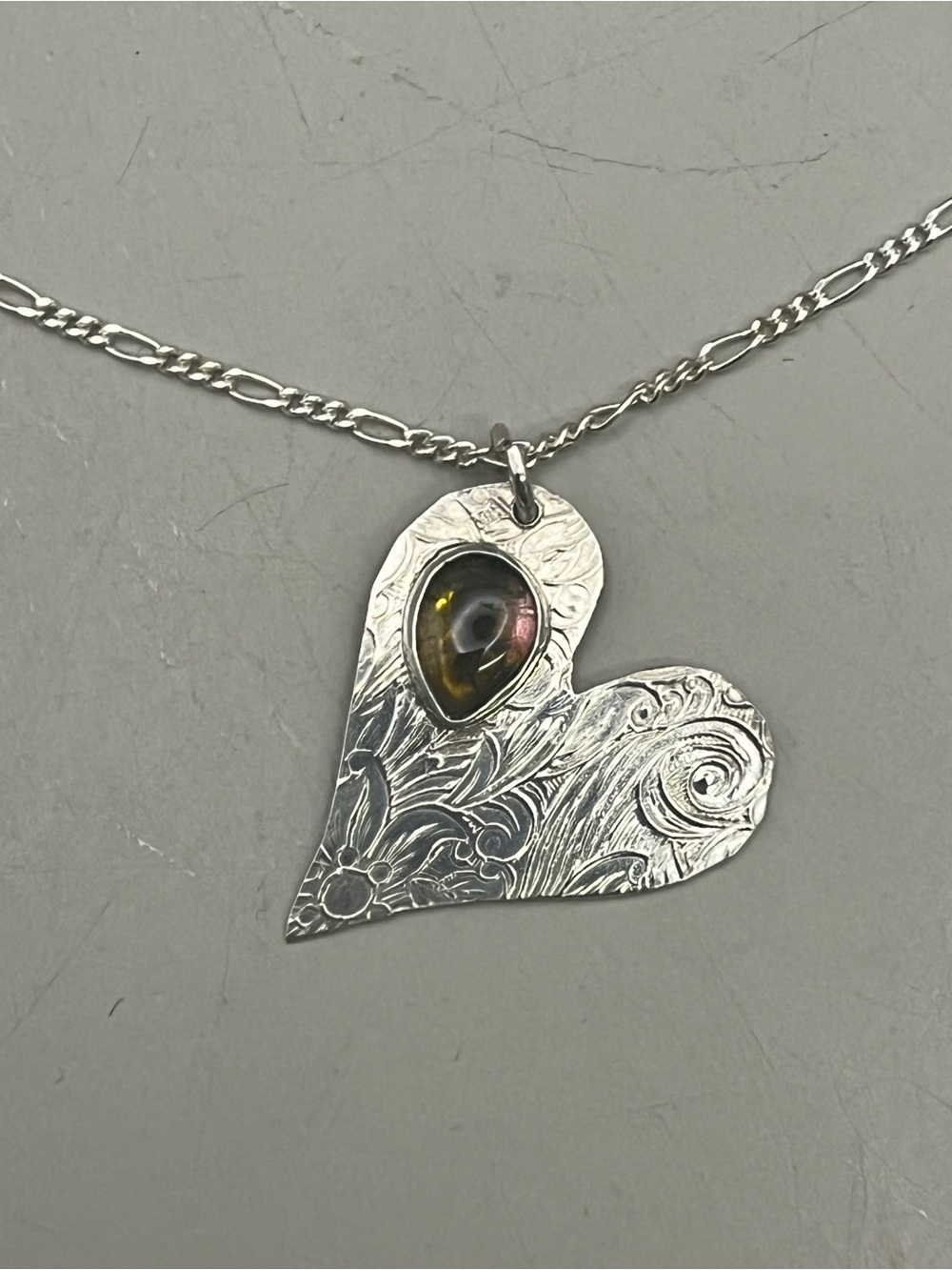 Artisan 925 Sterling Silver Etched Heart Necklace Genuine Watermelon Tourmaline